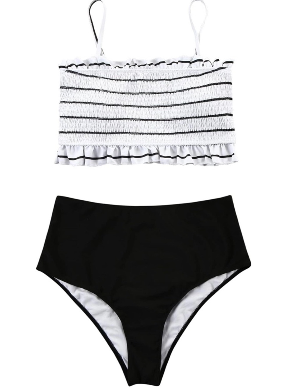 Striped Ruffle Smocked Bikini Top with High Waist Black Swim Bottoms - Picture 6 of 8